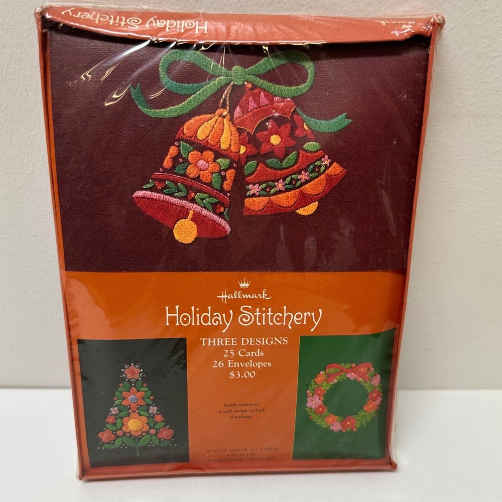 Vintage Hallmark Holiday Stitchery Christmas Cards Set of 25 3 Designs 300BX2-1